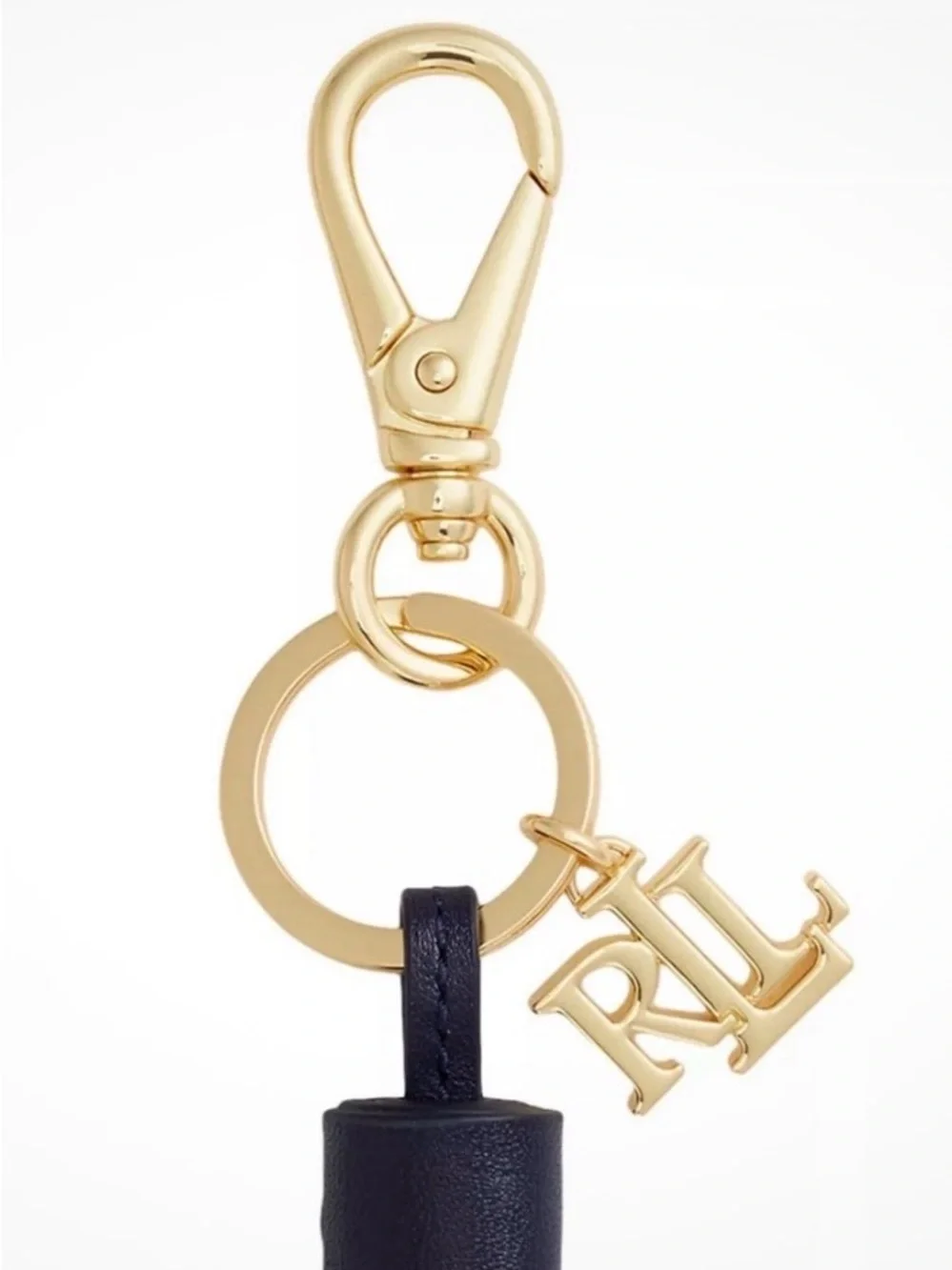 Lauren Ralph Lauren Navy Leather Tassel Key & Card Holder with Gold Hardware